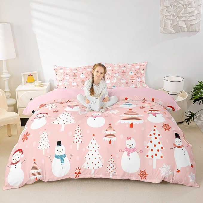 Christmas Kids Bedding Set Cartoon Snowman Bedding Duvet Cover Set for Boys Girls Christmas Tree Decor Comforter Cover Set Pink Dots Xmas Theme Bedspread Cover Bedroom Quilt Cover 3Pcs Queen Size