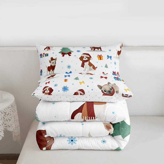 Feelyou Christmas Puppy Comforter Set All Season Festive Pet Bedding Set with 2 Pillow Cases Cute Dog Kids King Bedclothes Xmas Tree Snowflake Bedroom Decor Duvet Quilt Breathable Soft Lightweight