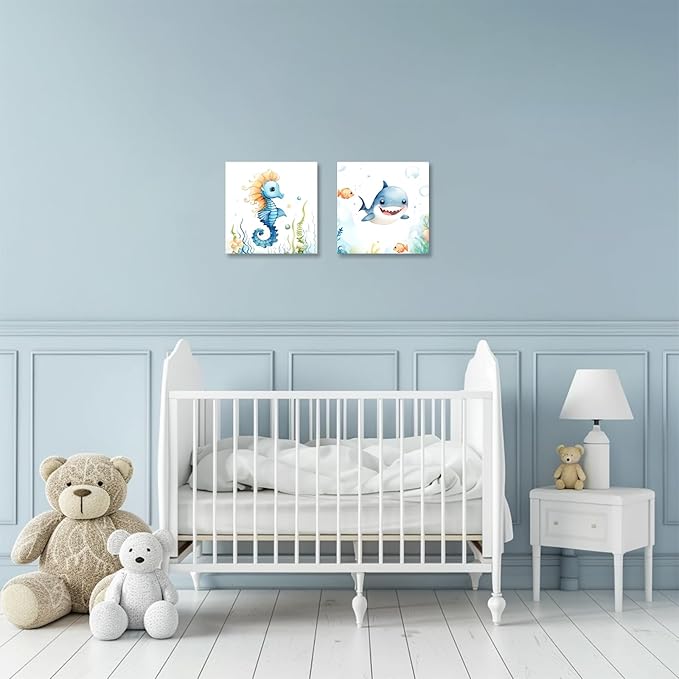 2 Piece Ocean Sea Canvas Wall Art for Nursery Decor - Cute Baby Seahorse Shark Underwater Paintings Pictures Ocean Theme Sea Life Posters Prints for Kids Room Bathroom Decor(Artwork-02, 16"x16"x2P)