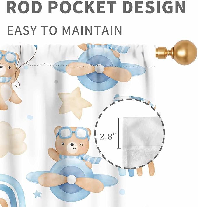 Cartoon Bear Curtains, Kids Boys Girls Cute Lovely Bear Adventure Airplane Cloud Pastel Blue Window Drapery Treatments for Baby Living Room Bedroom Nursey Toddler Classroom 2 Panels, 84"x63" Inch