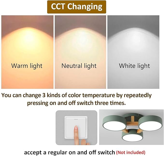 LED Flush Mount Ceiling Light Fixture with 3000K/4000K/6000K Temperatures Selectable,21Inch 33W Chandelier Modern Wood Ceiling Lamp for Bedroom Kitchen, 3-Lights Indoor Lighting Green Pendant Light