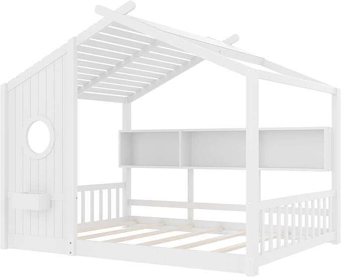Full Size House Bed with Storage Shelves for Kids,Kids Montessori Floor Bed, Cute Wood House Bed Frame Full with Roof for Girls,Boys,Can be Decorated,White