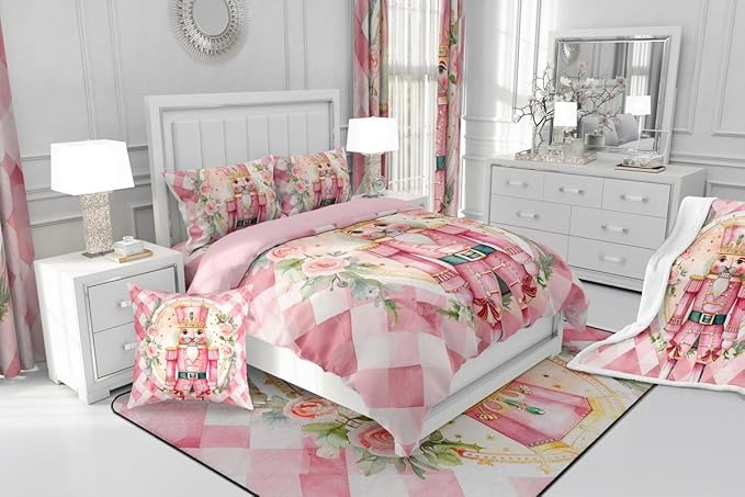 Feelyou Christmas Comforter Set All Season Pink Nutcrackers Bedding Set with 2 Pillow Cases Rose Kids King Bedclothes Floral Bedroom Decor Funny Nutcracker Duvet Quilt Breathable Soft Lightweight