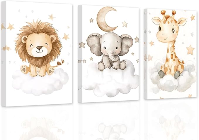 DOARTDO Nursery Animal Canvas Wall Art Baby Animal Pictures 3 Pieces Cute Elephant Lion Giraffe Print Painting Kids Room Nursery Decor Frame (12x16inchx3Pcs)