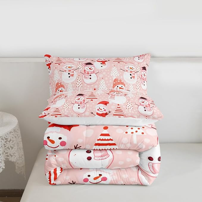Manfei Christmas Comforter Set Twin Size, Snowman and Xmas Trees Down Comforter with 1 Pillowcase, New Year Pink Bedding Set 2pcs for Kids Girls Adults Bedroom Decor Lightweight Duvet Insert