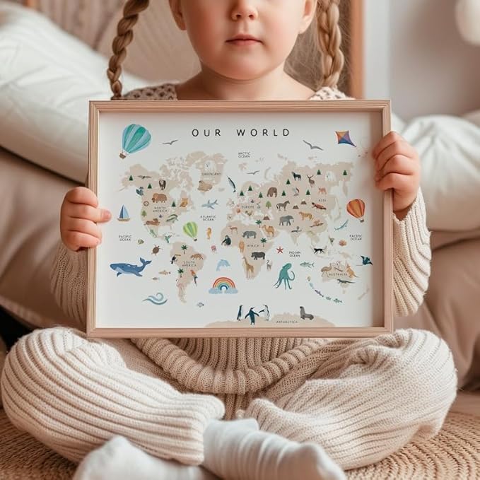 OZCONO Animal World Map Poster, Kids Educational Geography Decor, Safari Animals Nursery Art, Montessori Learning Wall Print (Unframed) (11x14)