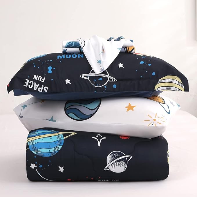 Wajade Kids Space Comforter Set Bed in A Bag Queen Size 7 Piece 3D Space Rocket Planets Bedding Set for Teens Boys Girls (1 Comforter, 1 Flat Sheet, 1 Fitted Sheet, 2 Pillowcase and 2 Pillow Sham)