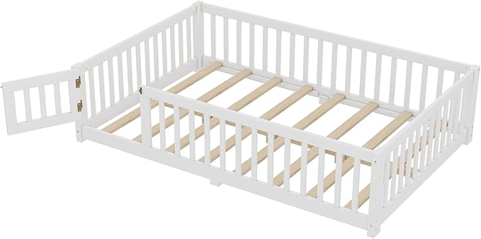 Harper & Bright Designs Full Floor Bed with Safety High Fence, Wood Montessori Bed with Door, Full Size Floor Beds with Solid Wood Support Slats for Boys, Girls, Kids, White
