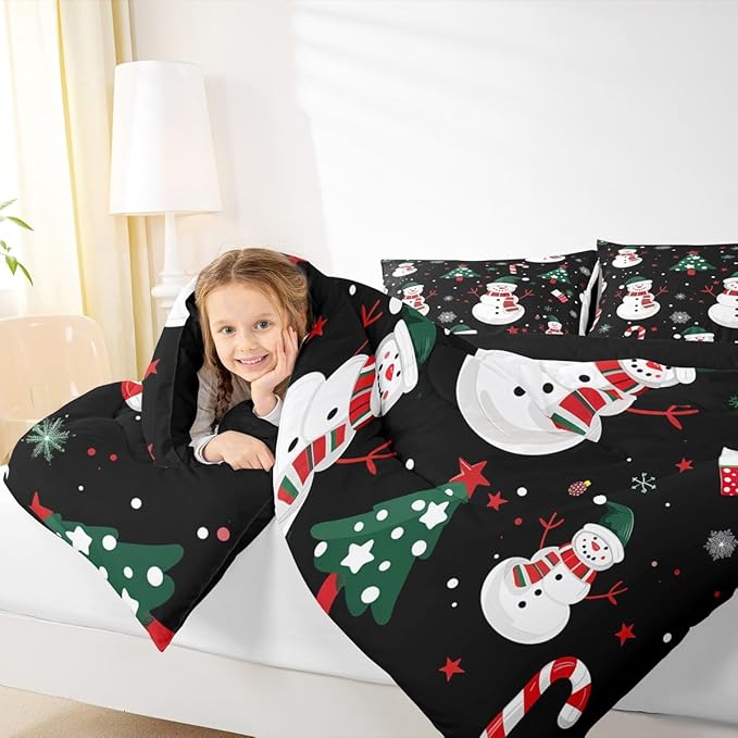 jejeloiu Kids Cute Winter Snowman Comforter Set Toddler Christmas Theme Bedding Set for Boys Girls Teens Xmas Candy Cane Snowflake Happy New Year Duvet Quilt Room Decor