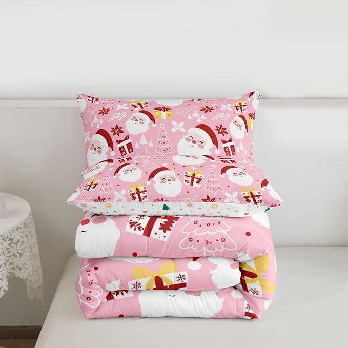 jejeloiu Santa Claus Comforter Set Toddler Size Merry Christmas Bedding Set for Kids Boys Girls Xmas Themed Duvet Quilt Pink Bedroom Decor