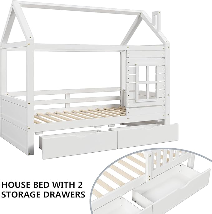 Aoowow Full Size Kids House Bed with 2 Drawers, Wooden Full Bed Frame with Window and Roof for Bedroom, Modern Full Size Kid Playhouse Daybed with Slats for Boys Girls, Can be Decorated, Full-White