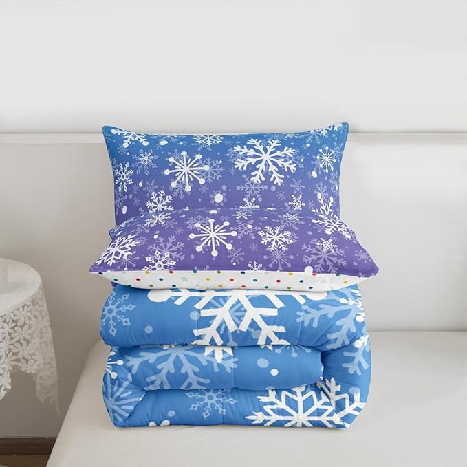 Feelyou Blue and Purple Snowflake Bedding Set Soft for Boys Girls, Winter Snowflake Comforter Set King Size Christmas Duvet Quilt Microfiber Holiday New Year Bedroom Decor 3 Pcs with 2 Pillow Cases