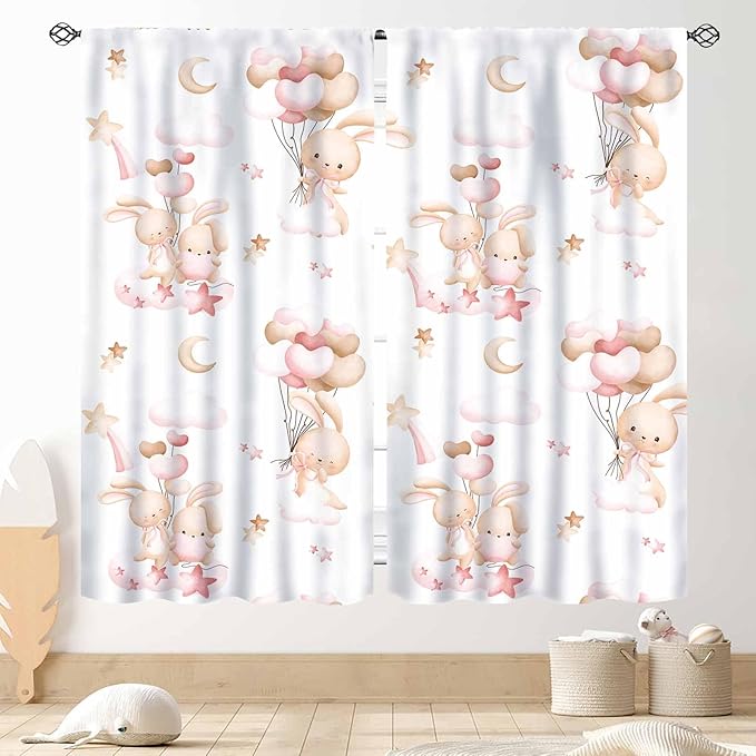 Rabbits Curtains, Kids Boys Girls Cartoon Cute Lovely Animals Moon Cloud Ballon Pastel Pink Window Drapery Treatments for Baby Living Room Bedroom Nursey Toddler 2 Panels, 63"x63" Inch