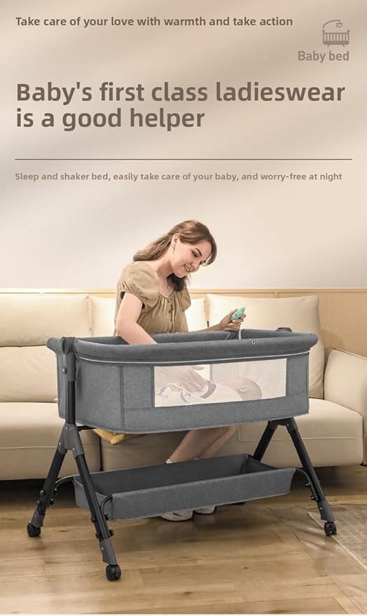 Nine point nine Baby Bedside Bassinet, Baby Bassinet Bedside Sleeper, Next to Me Crib with Wheels, Foldable Co-Sleeping Bed Crib for Newborn (X3 Khaki)