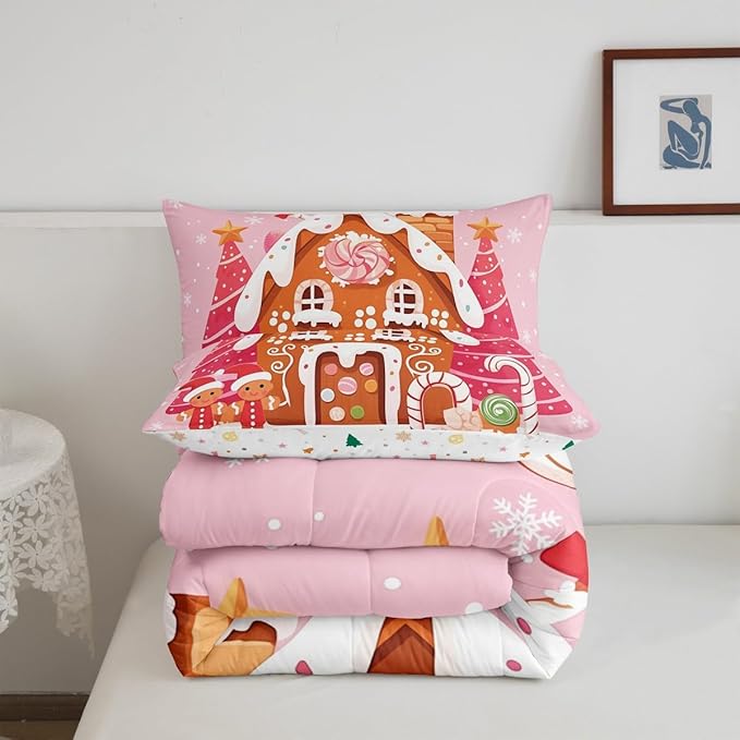jejeloiu Kids Christmas Theme Comforter Set Queen Size Cute Gingerbread Man Bedding Set for Boys Girls Teens Pink Xmas Tree Candy House Winter Snowflake New Year Duvet Quilt Room Decor