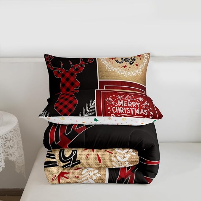Deer Antler Kids Christmas Comforter Set Queen Size,Elk Plam Leaves Bedding,Girls Boys Adults Bedroom/Xmas Cabin Decor,Plank Lattice Vintage Down Comforter,Rustic Farmhouse Duvet Insert,2 Pillowcases