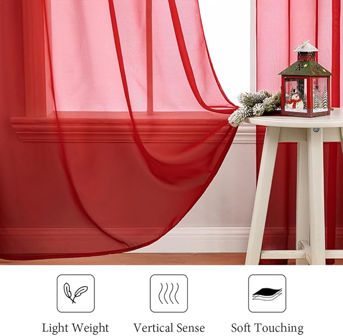 MIULEE 2 Panels Red Solid Color Sheer Christmas Window Curtains Elegant Window Voile Panels/Drapes/Treatment for Bedroom Living Room (54X108 Inches)