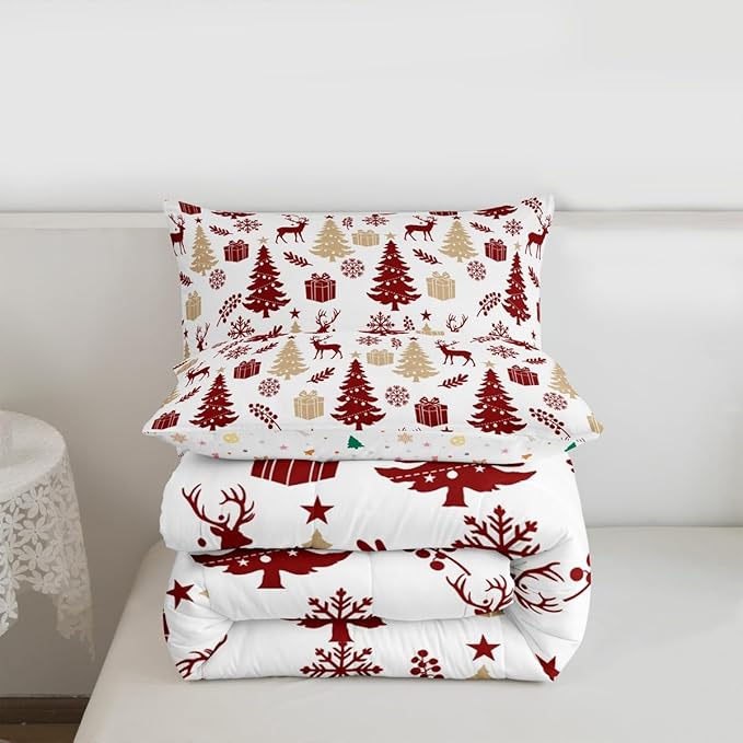 Feelyou Christmas Comforter Set All Season Xmas Tree Bedding Set with 2 Pillow Cases Reindeer Microfiber Kids Full Bedclothes Snowflake Gift Bedroom Decor Duvet Quilt Breathable Soft Lightweight