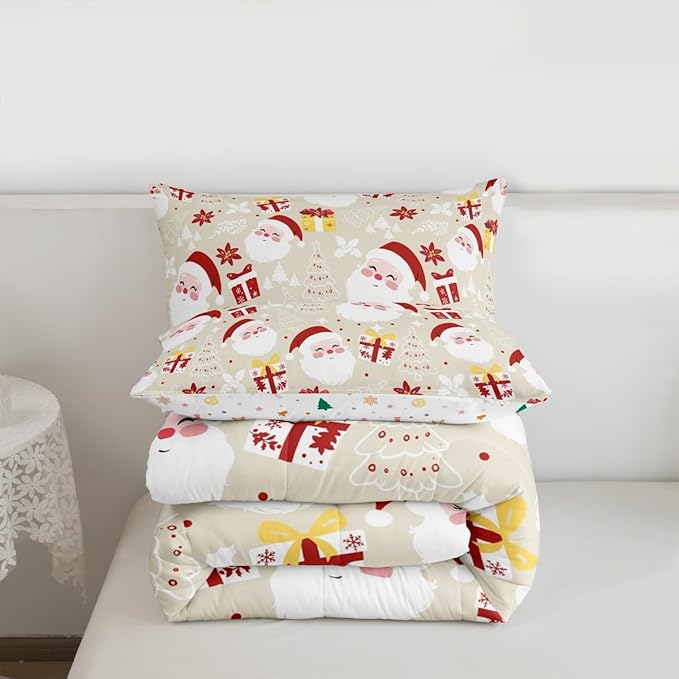 jejeloiu Santa Claus Comforter Set Full Size Merry Christmas Bedding Set for Kids Boys Girls Xmas Themed Duvet Quilt Beige Bedroom Decor