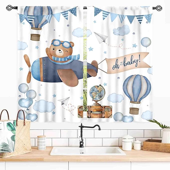 Cartoon Bear Curtains, Kids Boys Girls Cute Lovely Bear Adventure Airplane Cloud Pastel Blue Window Drapery Treatments for Baby Living Room Bedroom Nursey Toddler Classroom 2 Panels, 55x39 Inch