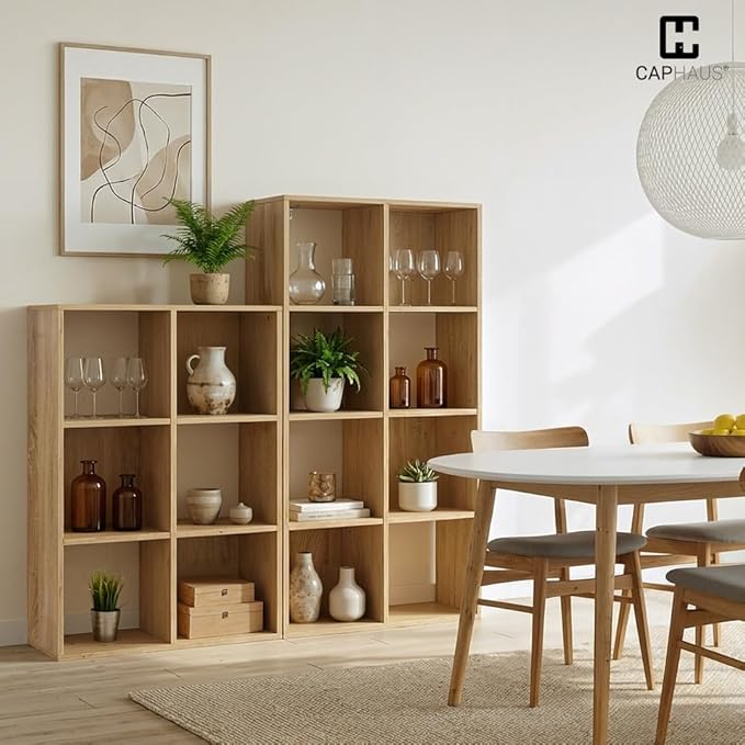 CAPHAUS 11-Inch Cube Storage Organizer Shelf, Home Storage Shelf Divider w/Back, 8-Cube Storage Bookcase, Natural Oak