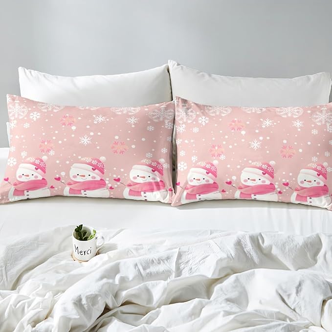 Manfei Kawaii Snowman Duvet Cover Set Twin Size, Cute Pink White Snowflake Comforter Cover with 1 Pillowcase, Christmas Theme Bedding Set 2pcs for Kids Girls Lightweight Bedspread Cover,No Comforter