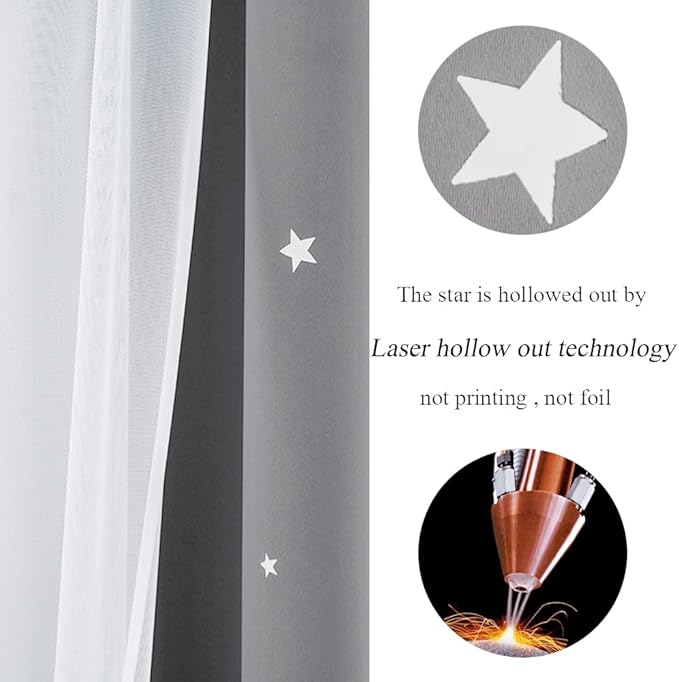 Kinryb Kids Blackout Curtains for Bedroom/Living Room/Classroom, Sheer Overlay Small 2 Panel Set, Double Layer Curtains with Star Cutout for Kids Room(W 52 x L 36 Inches,Silver Grey 2 PCs)