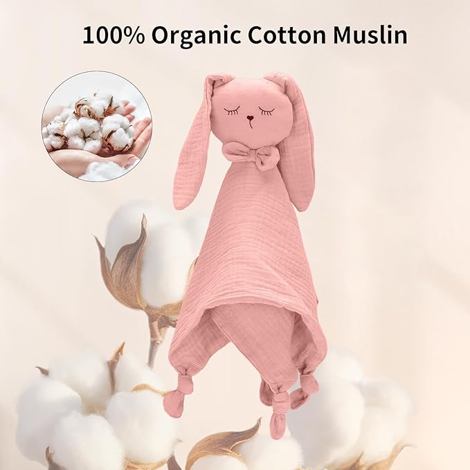 Little Rawr Organic Cotton Muslin Bunny Loveys for Babies Baby Security Blanket Baby Snuggle Toy Newborn Essentials Must Haves(Rabbit-Pink)