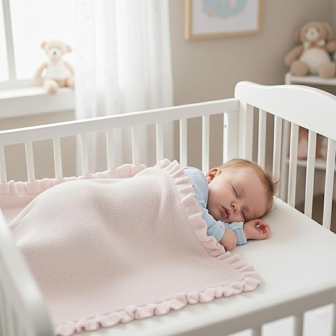 Cotton Baby Blanket with Ruffle Edge Soft Breathable Newborn Blanket for Boys & Girls, Lightweight Knit Throw for Crib, Stroller & Nursery Multiple Colors Available Pink 30x30