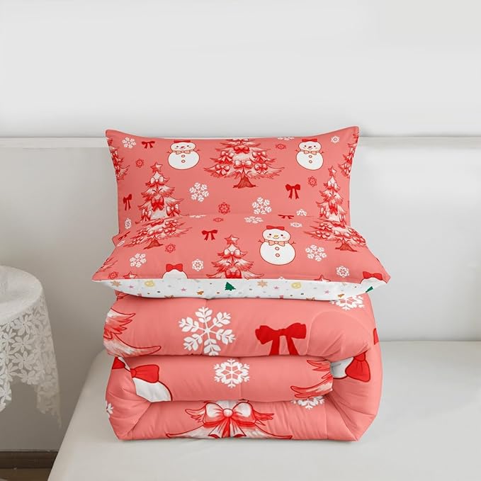Feelyou Merry Christmas Kids Comforter Set Twin Size Cute Snowman Bedding Set Cartoon Bowknot Duvet Quilt for Kids Boys Girls Bedroom Christmas Tree Decor Microfiber Ultra Soft Breathable