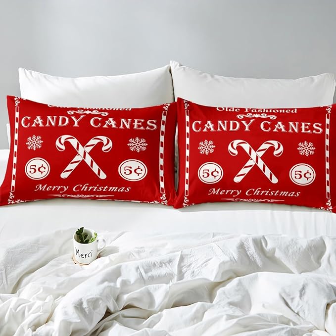 jejeloiu Christmas Bedding Set for Kids Boys Girls Christmas Quote Comforter Cover Set Twin Size Candy Canes Print Duvet Cover Bedroom Decor Xmas Red Bedspread Cover Bedding Collection 2Pcs