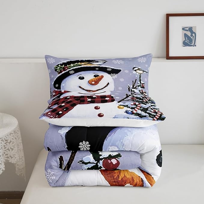 Feelyou Kids Christmas Theme Decorations Bedding Set Xmas Snowman Comforter Set for Boys Girls Merry Christmas Funny Cute Decor Bedroom Collection 3Pcs Queen Size
