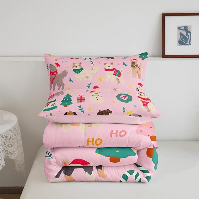 Erosebridal Cute Dog Comforter Set King Size Puppy Dog Cartoon Xmas Bedding Set Christmas Tree Quilts for Kids Boys Girls Bedroom Decor Snowman Duvet Insert with 2 Pillow Cases