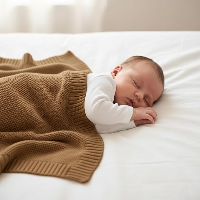 Baby Knit Blanket Soft Cotton Lightweight Newborn Blanket for Crib Stroller Toddler Nursery Shower Gift Cozy Breathable Travel Swaddle Wrap Mocha 36 x 28 Inches