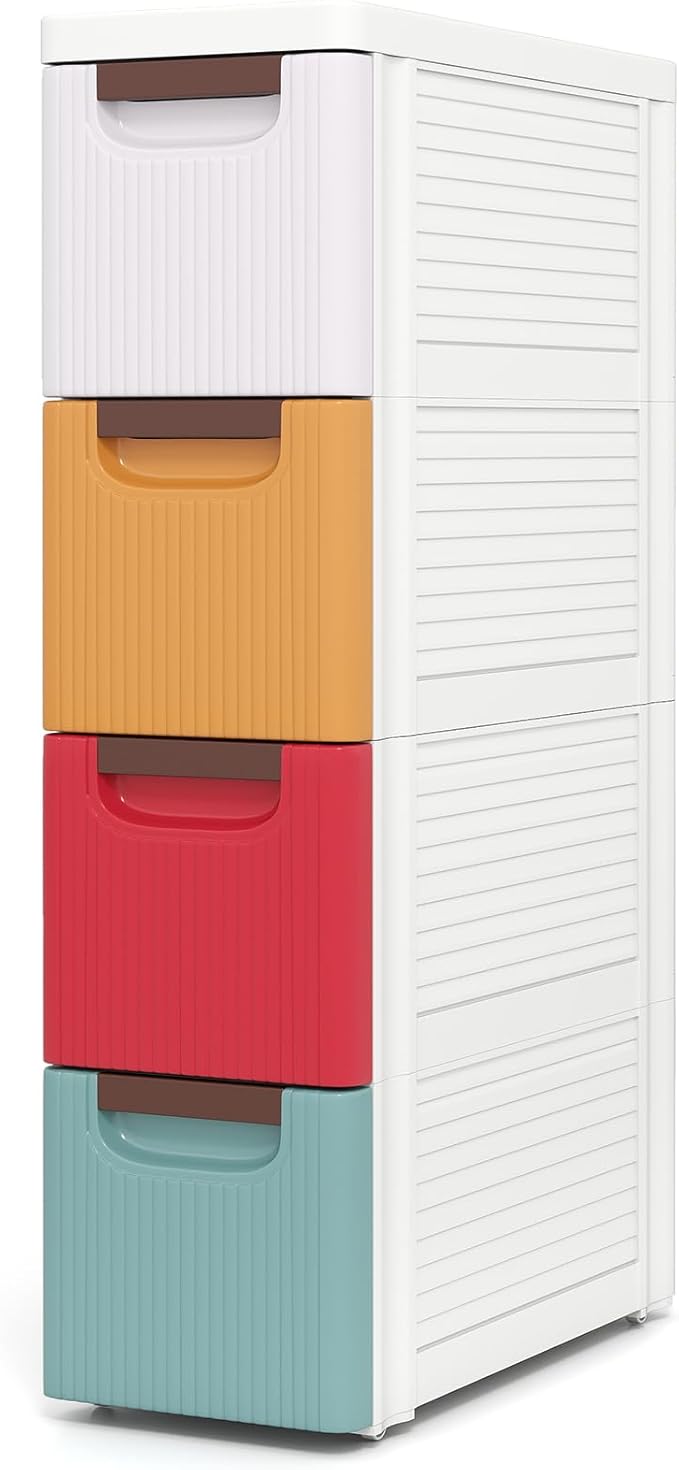 Giantex 4 Drawers Storage Cart, Narrow Plastic Dresser, Rolling Organizer Cart for Office Classroom Bedroom Bathroom Art Craft Supplies, Mobile Slim Utility Cart on Wheels, Multicolor