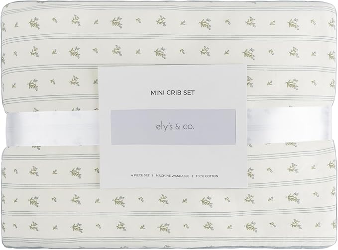 Ely's & Co. Mini Crib Bedding Set for Boys, 4 Piece Set Includes – 1 Fitted Mini Crib Sheet, Quilted Comforter and Decorative Pillowcase with Insert, Blue Linear Berry Collection