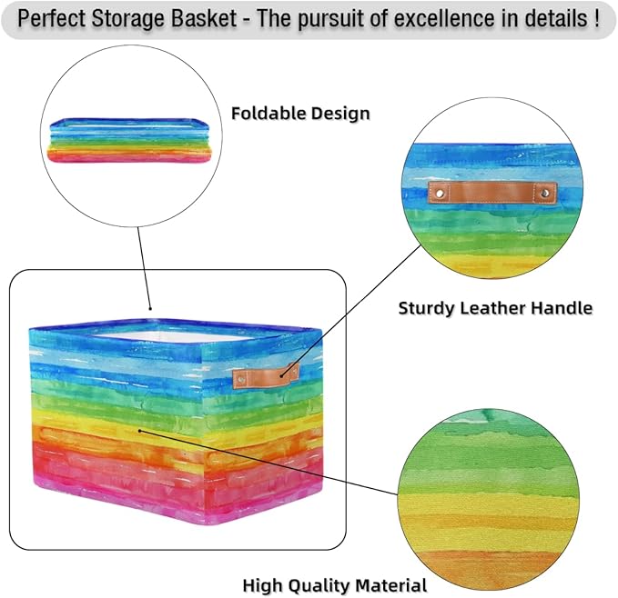 Watercolor Rainbow Storage Basket for Shelves, Storage Bins with Handles, Collapsible Basket for Organizing, Closet Toy Baskets for Nursery Room, 15x11x9.5 in, Canvas, Rainbow Colored