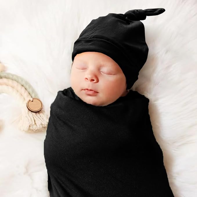 Newborn Swaddle Blanket with Hat Set Baby Swaddle Set Hospital Receiving Blankets for Girls Boys(Black)
