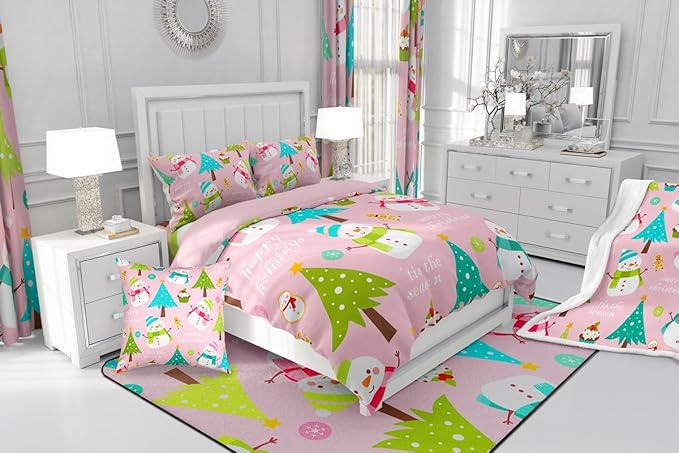 Erosebridal Merry Christmas Comforter Set for Kids,Pink Xmas Decor Bedding Set Twin Size,Cartoon Snowman Quilts Christmas Tree Down Comforter for Girls Boys Teens Bedroom Decor
