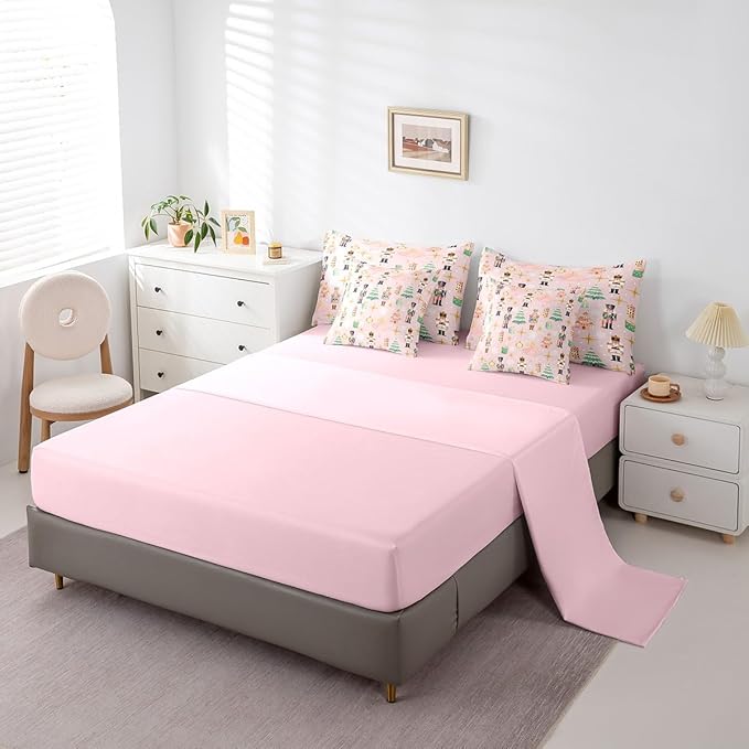 Erosebridal 7Pcs Pink Christmas Comforter Set Twin Size,Christmas Nutcracker Bedding Set,Dreamy Castle Princess Bed in A Bag,Xmas Galaxy Snow Quilt with Flat Fitted Sheet for Kids Boys Girls