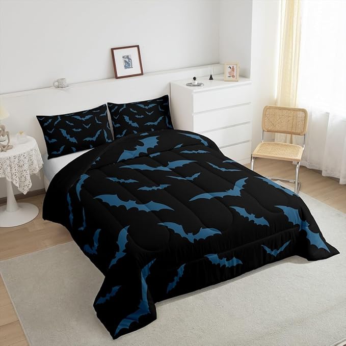 Erosebridal Halloween Decor Bedding Set for Kids Boys Youth Turquoise Bats Comforter Set Full Size Gothic Spooky Quilt Happy Holiday Style Duvet Insert with 2 Pillow Cases,Black