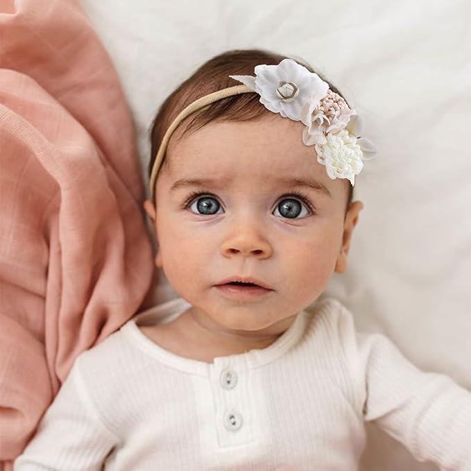 cherrboll 3pcs Baby Girl Flower Headbands, Super Soft & Stretchy Nylon Floral Hairbands for Newborn Toddler