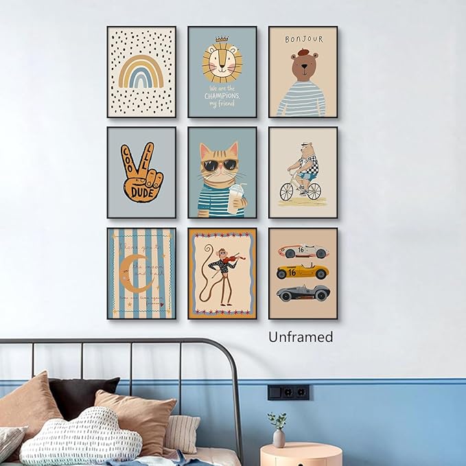 9 Pieces Nursery Canvas Wall Art, Cute Milkshake Cat Poster, Happy Bear and Violin Playing Monkey Kids Poster, Boys Playroom Cars Picture, Cozy Rainbow Dots and Smiling Moon Print 12x16in Unframed