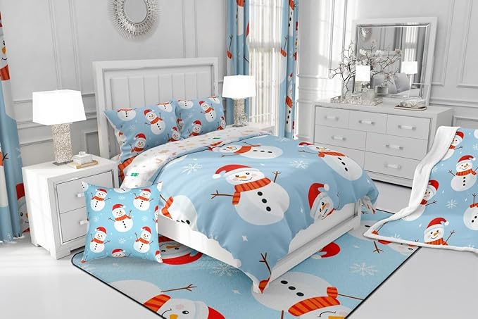 Feelyou Merry Christmas Bedding Set Soft for Boys Girls, Snowman Comforter Set Full Size Snowflake Duvet Quilt Microfiber Bedroom Decor 3 Pcs with 2 Pillow Cases