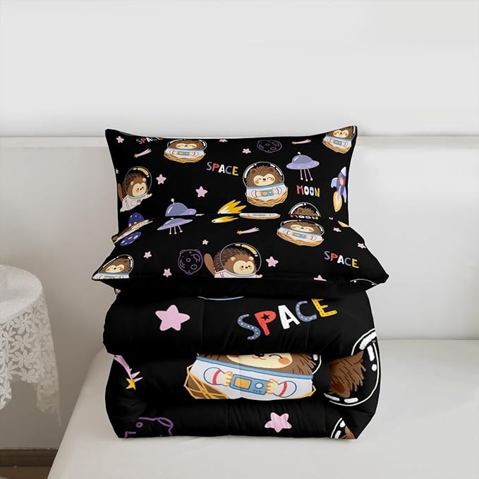 Cartoon Hedgehog Astronaut Comforter Set,Space Planet Bedding Set Kids Teens Modern Decor,Spaceship Starry Sky Comforter with 1 Pillowcase for All Seasons,Twin