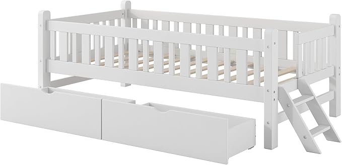 Twin Size Platform Bed with Guardrail and 2 Drawers, Wood Kids Platform Bed Frame with Two-Step Ladder for Boys Girls, Sturdy Slats Support (White-1.26)
