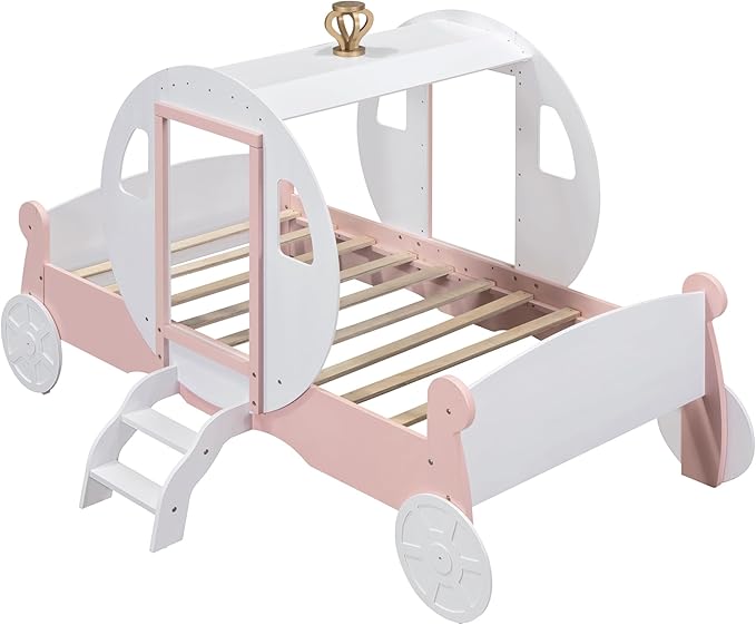 Twin Size Princess Carriage Bed Frame for Boys Girls Kids Toddler with Crown, Wood Platform Car Bed with Stair, White+Pink