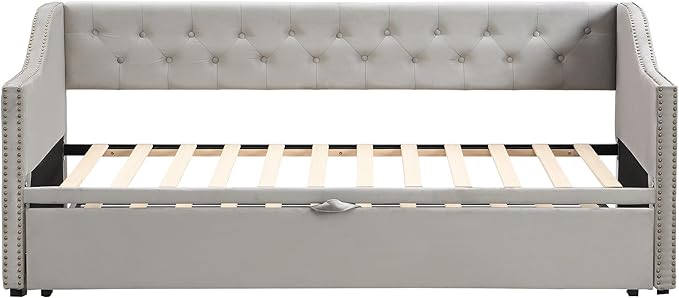 Merax Twin Size Upholstered Velvet Daybed with Pop Up Trundle, Multi-Functional Sofa Bed with Backrest and Two Armrest for Kids Room, Guest Room, Living Room,Gray