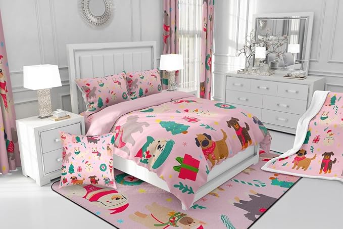 Erosebridal Cute Dog Comforter Set Queen Size Puppy Dog Cartoon Xmas Bedding Set Christmas Tree Quilts for Kids Boys Girls Bedroom Decor Snowman Duvet Insert with 2 Pillow Cases