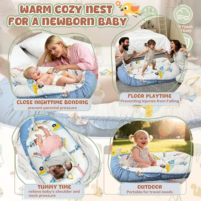 JIFTOK Baby Nests Lounger for Newborn, Snuggle Bassinet for 0-24M, Breathable Portable Co Bed, Baby Essentials Adjustable Infant Soft Cotton Loungers for Home & Travel -Car
